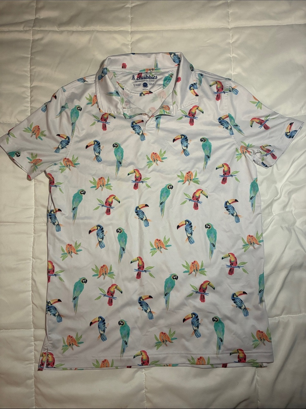 chubbies White Parrot Print Polo Shirt Youth XL